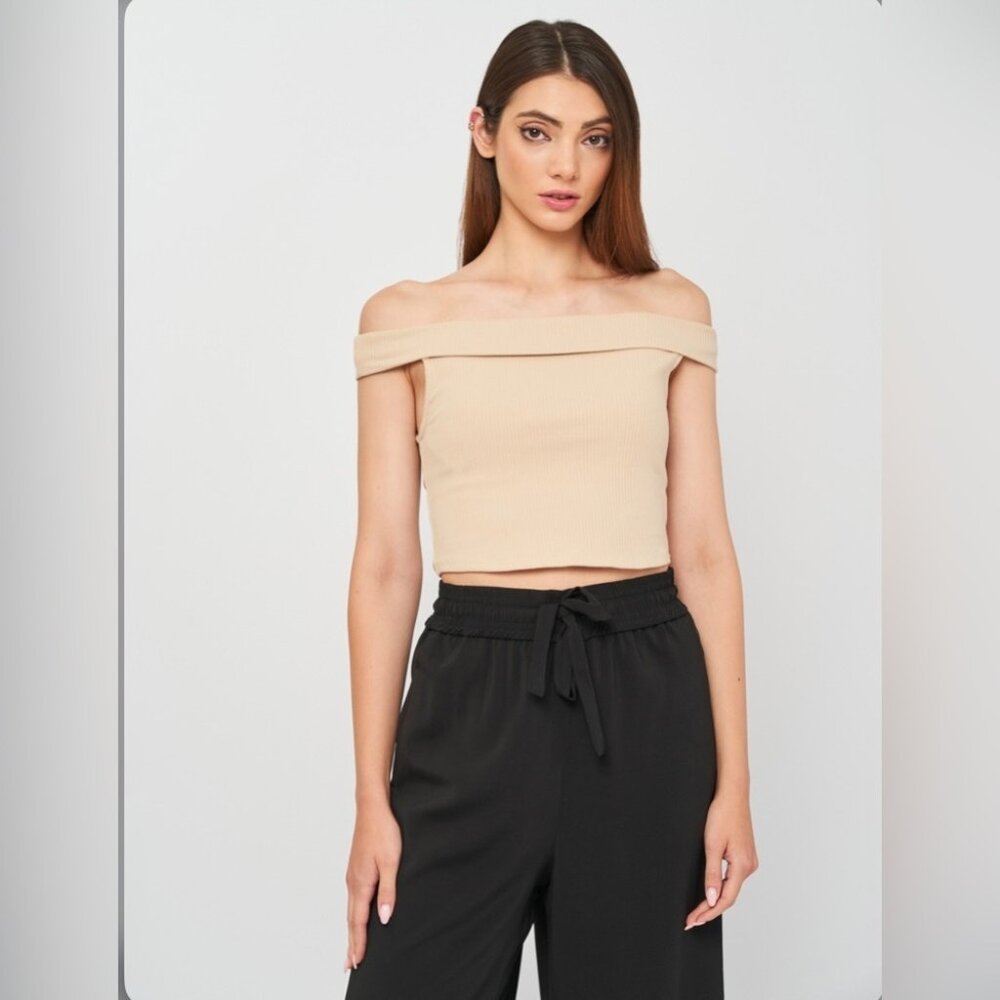 NWT Zara Off Shoulder Tan Ribbed Top Women Size L US